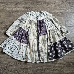 Next Girls Cotton Long Sleeve Boho Tier Dress Cream Black Gray Size 2 3